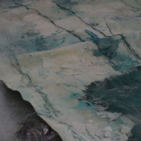 Dania Zanotto, My Earth/My Heart, elogio alle Terre dei Fuochi, Nord-Sud andata e ritorno, 2017, Installazione, feltro, pelle, lana, piombo, polvere di vetro, cera, silicone foto su plexiglass, dimensioni variabili.