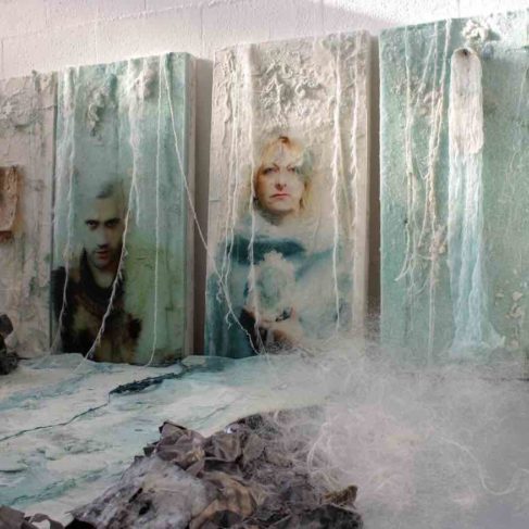 Dania Zanotto, My Earth/My Heart, elogio alle Terre dei Fuochi, Nord-Sud andata e ritorno, 2017, Installazione, feltro, pelle, lana, piombo, polvere di vetro, cera, silicone foto su plexiglass, dimensioni variabili.