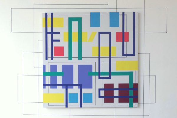 Iler Melioli, 2019 installazione, poliacrilici su PVC e fili di gomma, cm 100x100 + estensione variabile