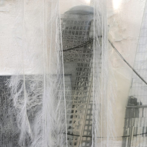Dania Zanotto, I Pilastri della Creazione, 2016-2017, Installazione, Veste-scultura, rete, lana, polvere di vetro, cera, silicone, metallo, foto su plexiglass, dimensioni variabili.