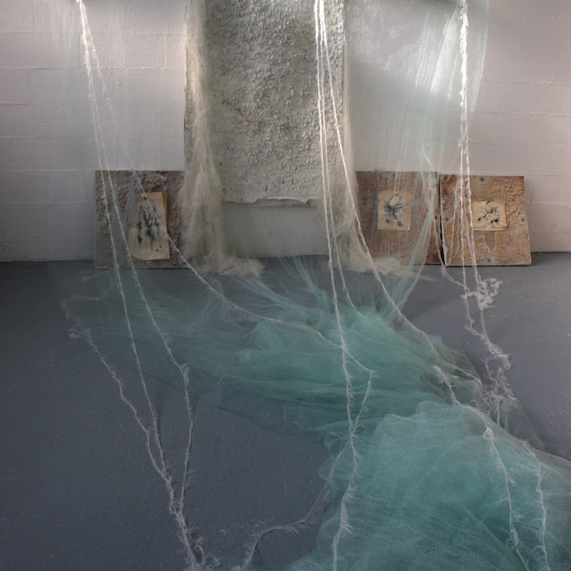 Dania Zanotto, I Pilastri della Creazione, 2016-2017, Installazione, Veste-scultura, rete, lana, polvere di vetro, cera, silicone, metallo, foto su plexiglass, dimensioni variabili.