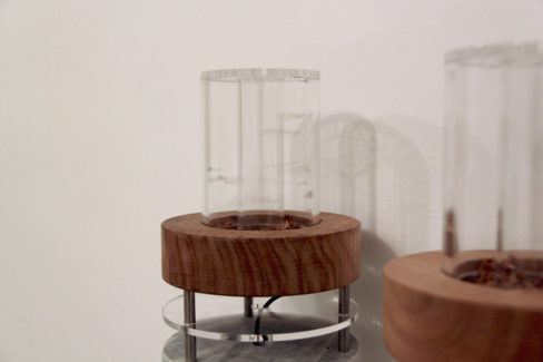 Tamara Repetto, 2013, plexiglas, legno di castagno, corteccia di castagno, marmo, ventole, cavo, circuito, mm126x150 (singolo elemento)