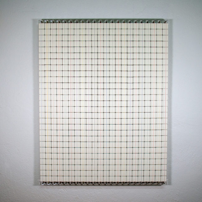 Tamara Repetto, 2019, olfactory waffles, plexiglass, alluminium, silk threads, 102x79x2cm